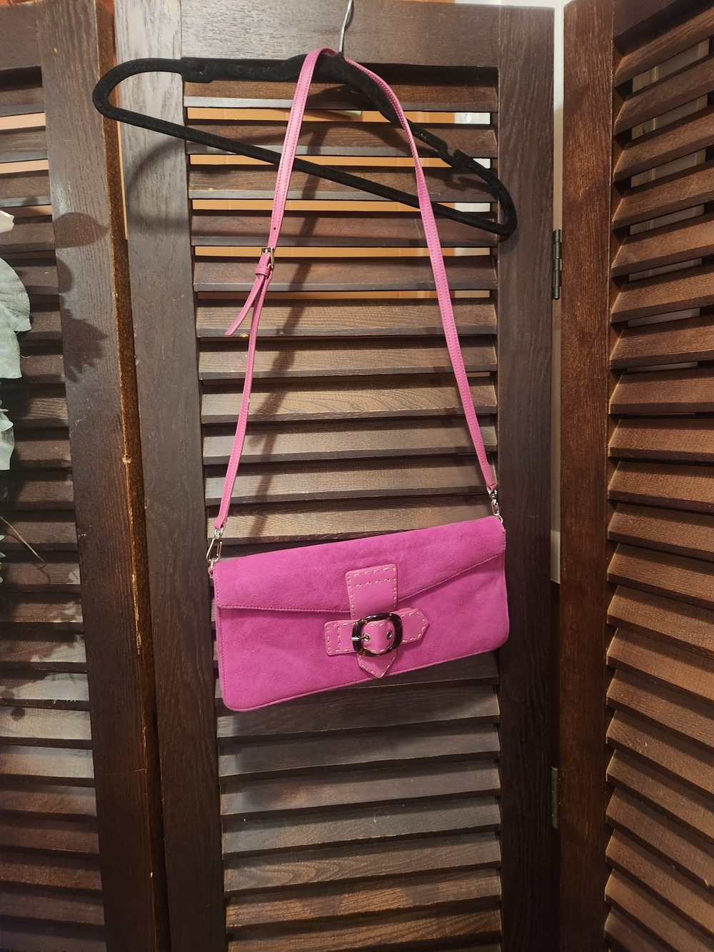 Via Spiga Fuchsia Suede Buckle Crossbody Clutch